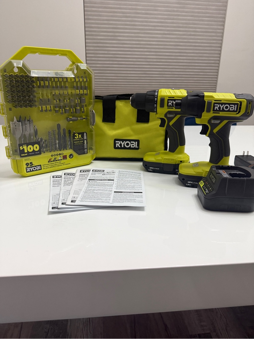 RYOBI 18V Cordless Drill and Impact Driver Bundle with Drill bits and Carry Case